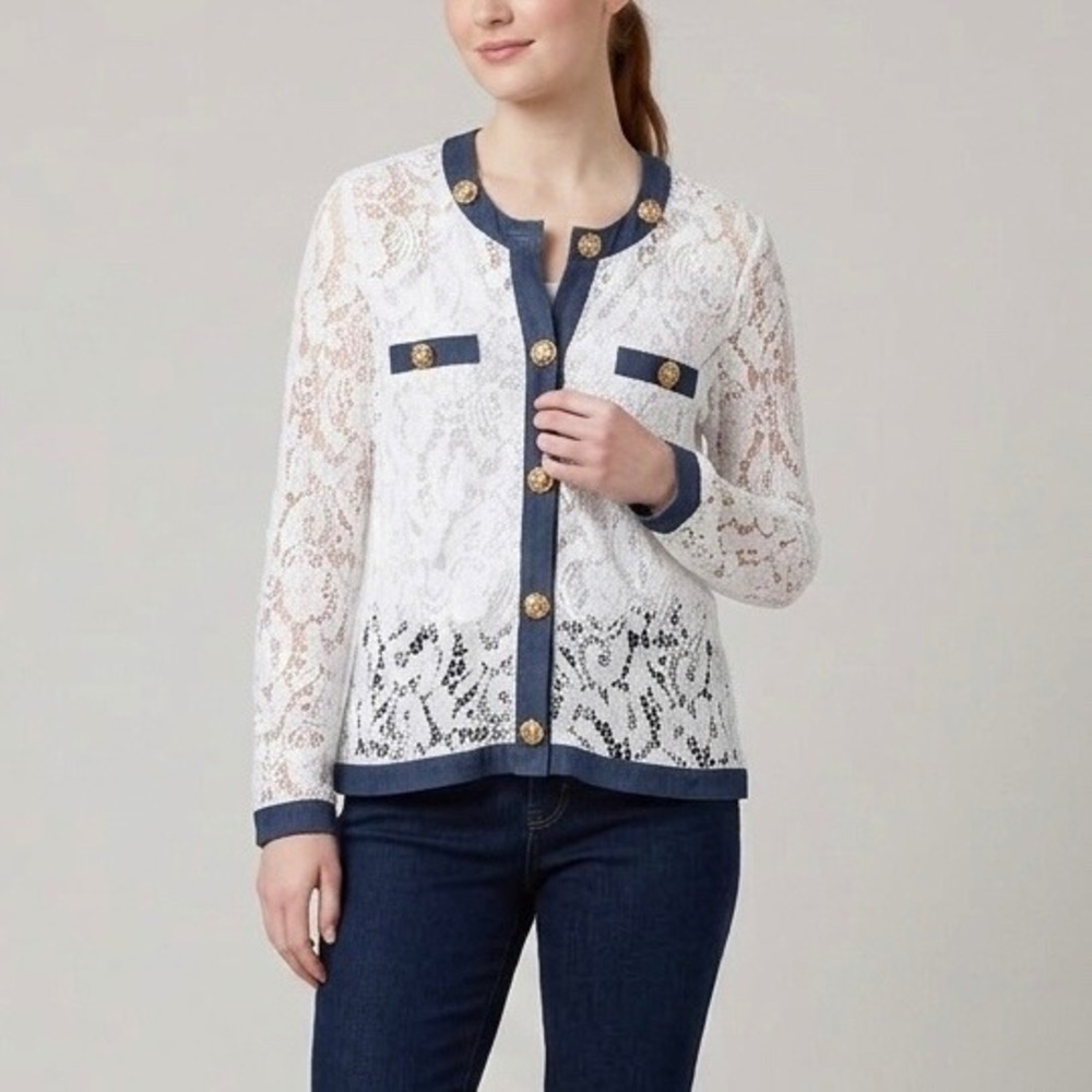 Michael Simon White Floral Lace Cardigan Gold Rose Buttons Denim Trim Sz Medium